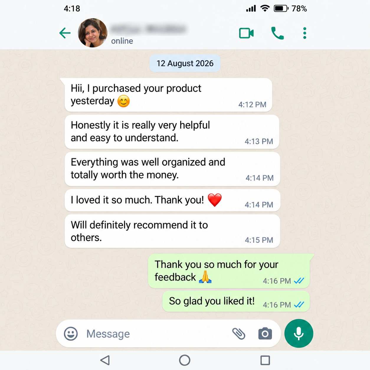 WhatsApp feedback from a happy customer