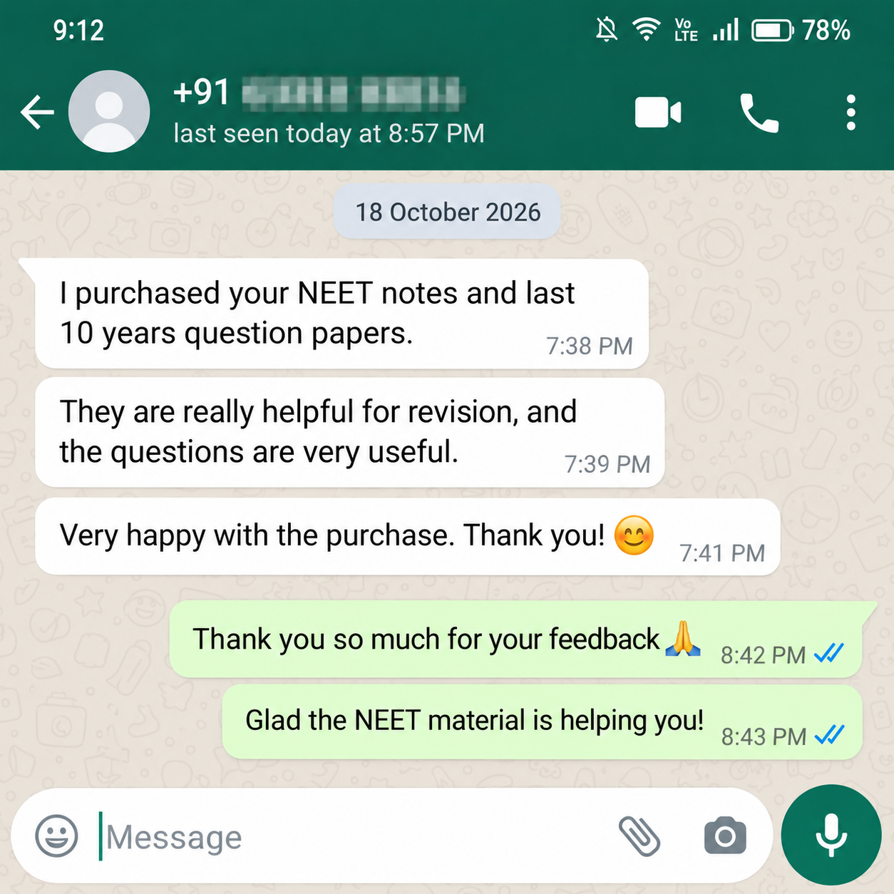 WhatsApp feedback from a NEET notes buyer